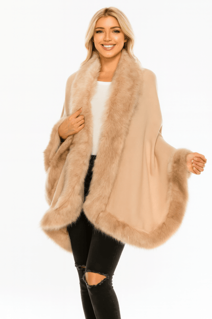 Women's Elegant Faux Fur Trim Cape Wrap - Open Front - AMVIM