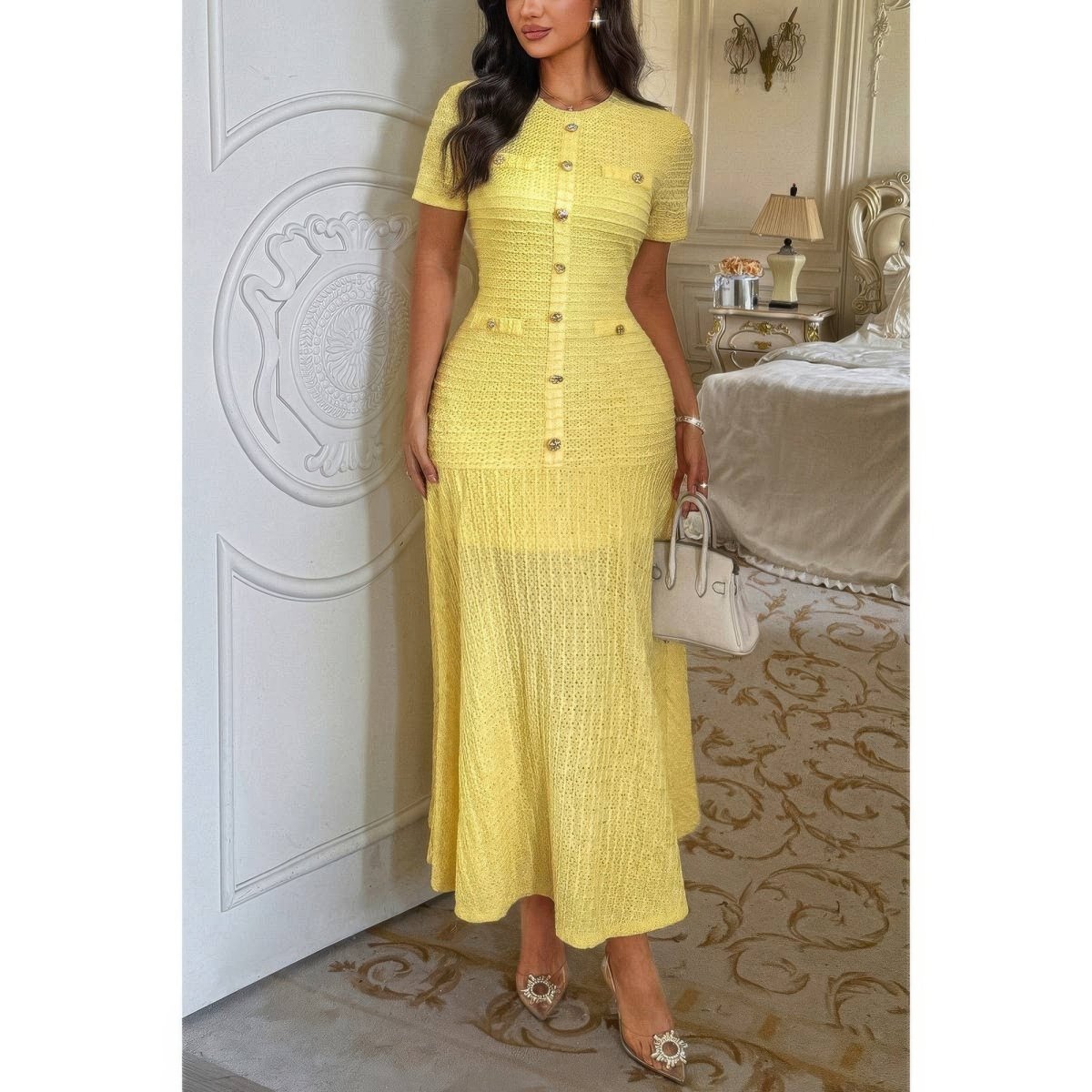 Women's Elegant Round Neck Sheath Dress with Buttons - AMVIM