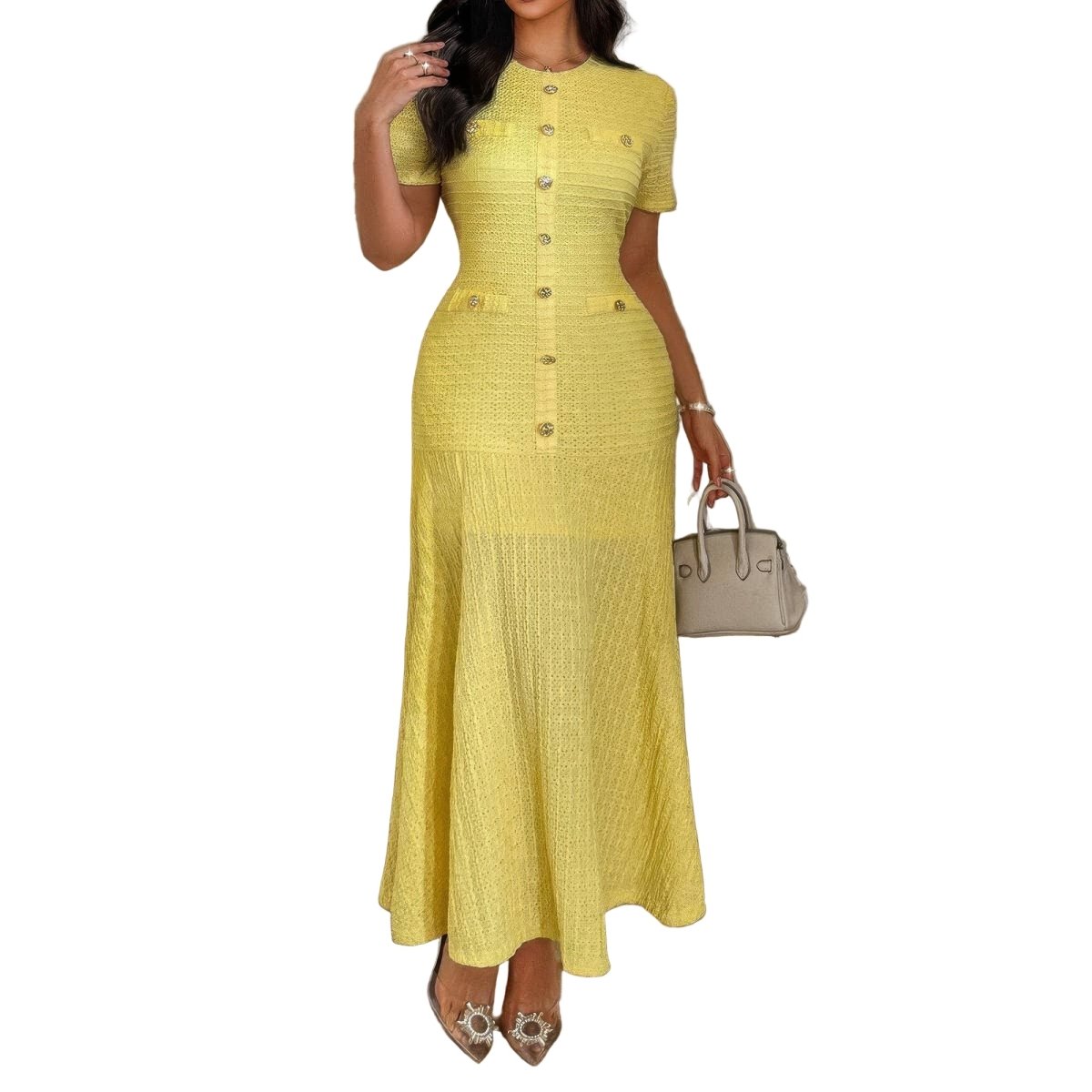 Women's Elegant Round Neck Sheath Dress with Buttons - AMVIM