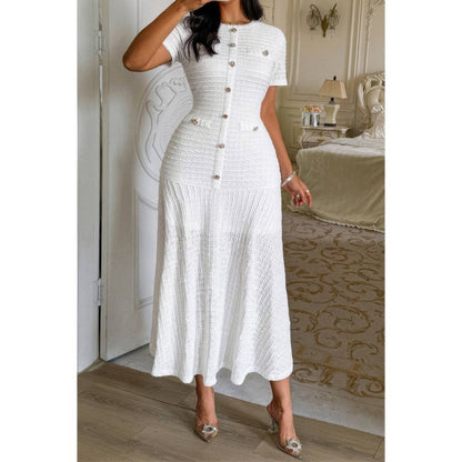 Women's Elegant Round Neck Sheath Dress with Buttons - AMVIM