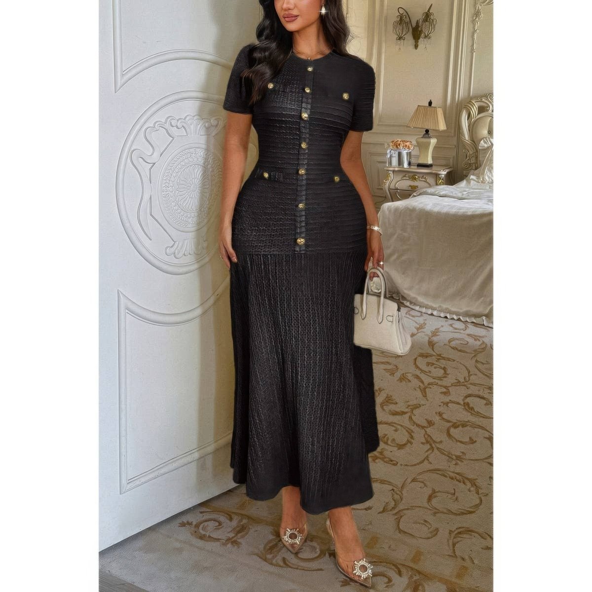 Women's Elegant Round Neck Sheath Dress with Buttons - AMVIM