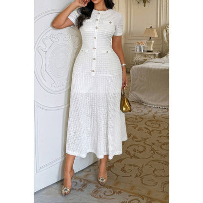 Women's Elegant Round Neck Sheath Dress with Buttons - AMVIM