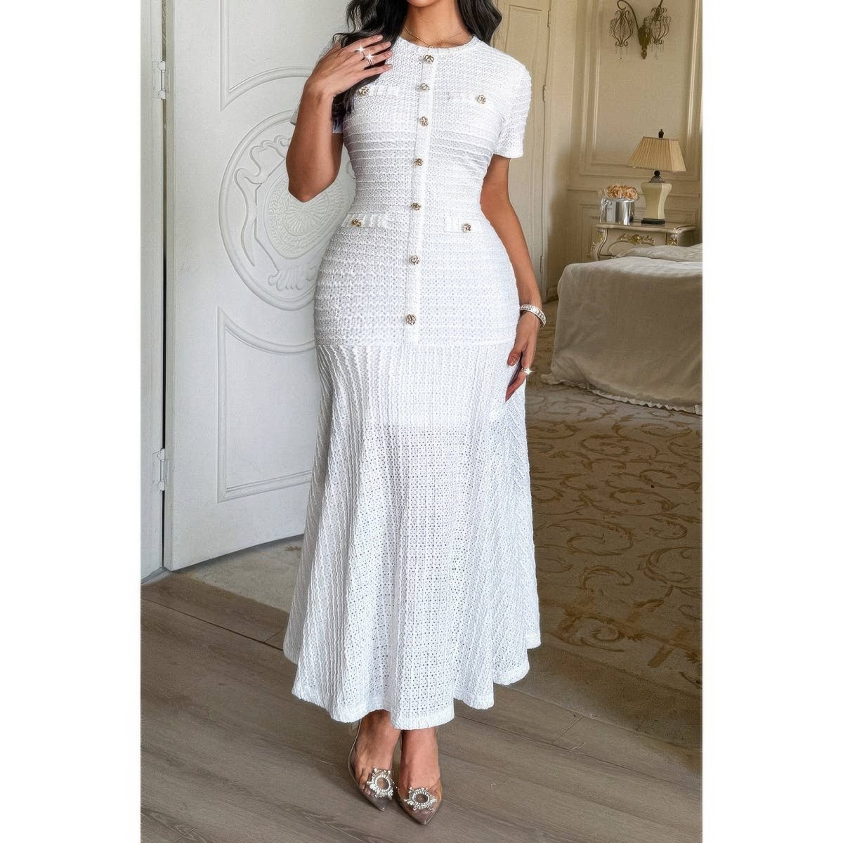 Women's Elegant Round Neck Sheath Dress with Buttons - AMVIM