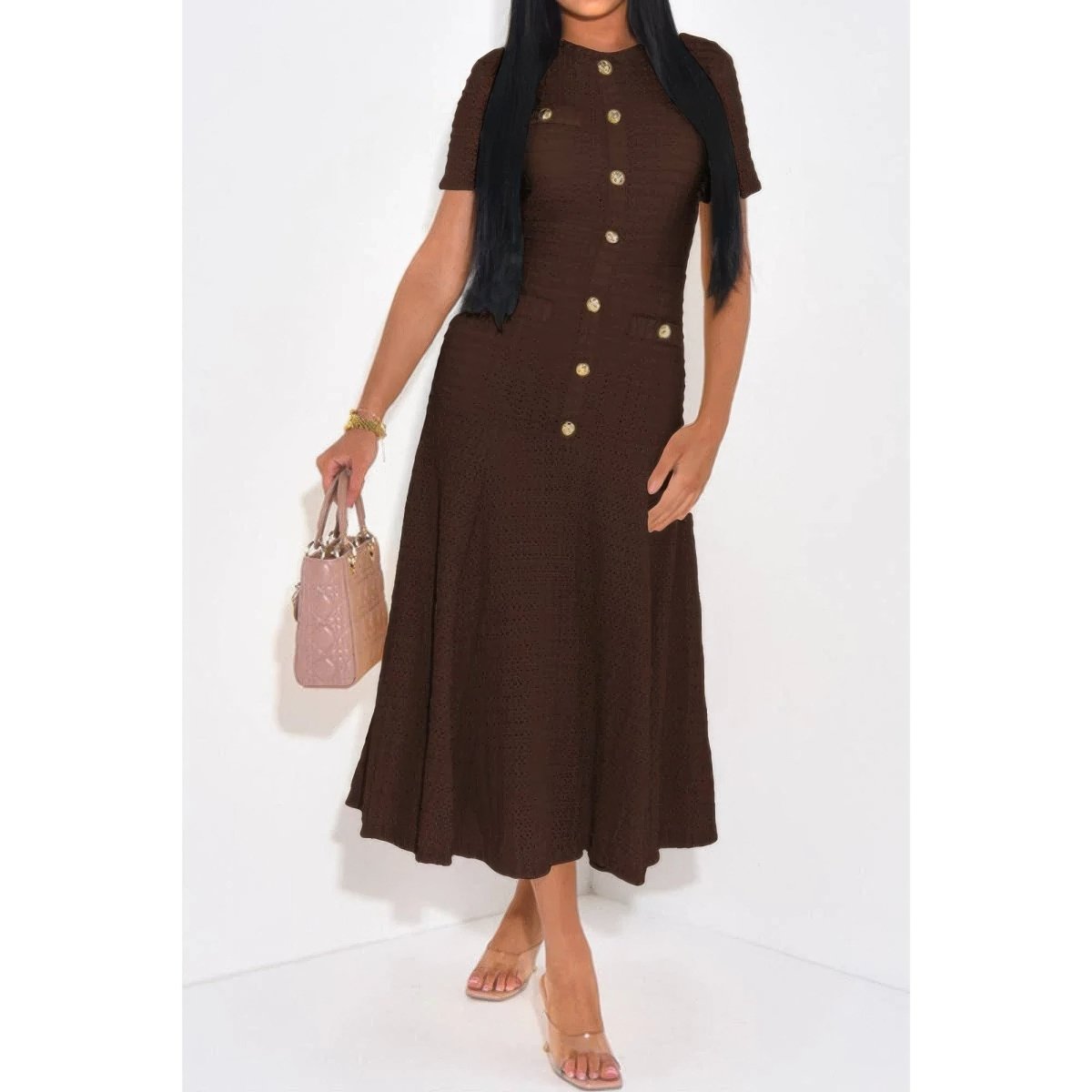 Women's Elegant Round Neck Sheath Dress with Buttons - AMVIM
