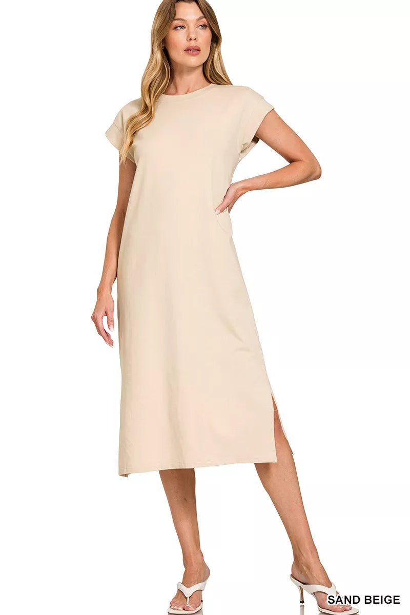 Womens Elegant Round Neck Side Slit Midi Dress - AMVIM