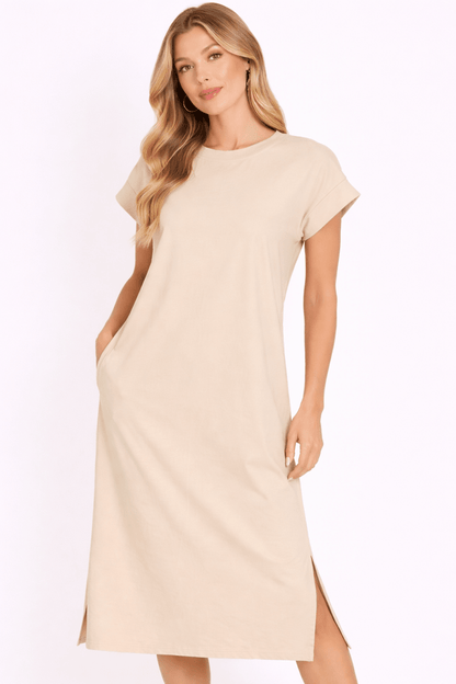 Womens Elegant Round Neck Side Slit Midi Dress - AMVIM