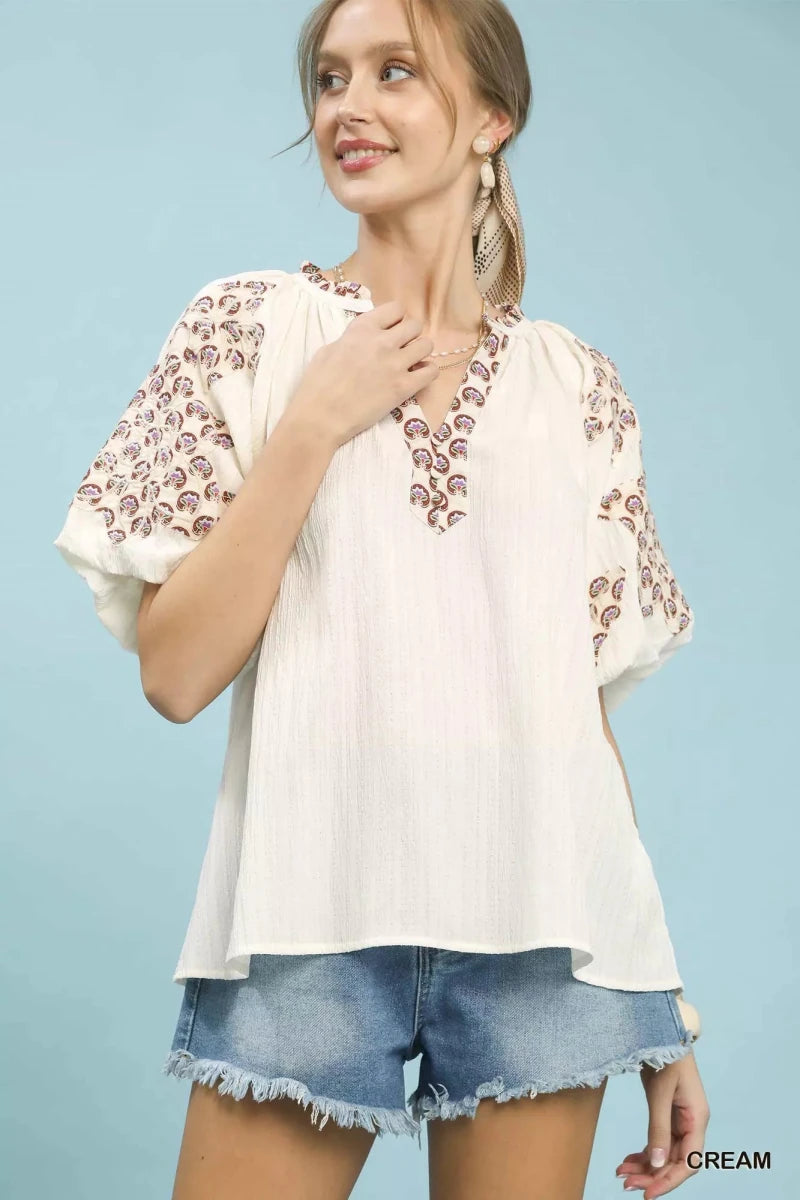 Women's Embroidered Sleeve Blouse – V - Neck Contrast Trim - AMVIM