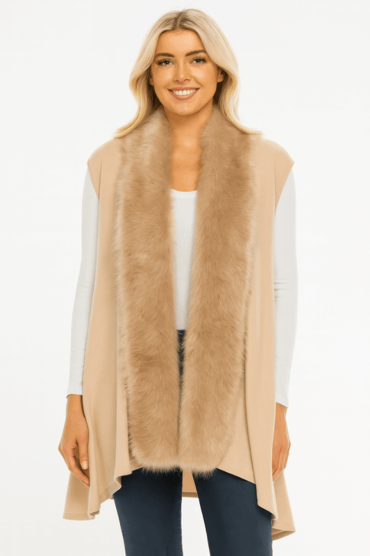 Women’s Faux Fur Collar Draped Vest Sleeveless Layering Piece - AMVIM