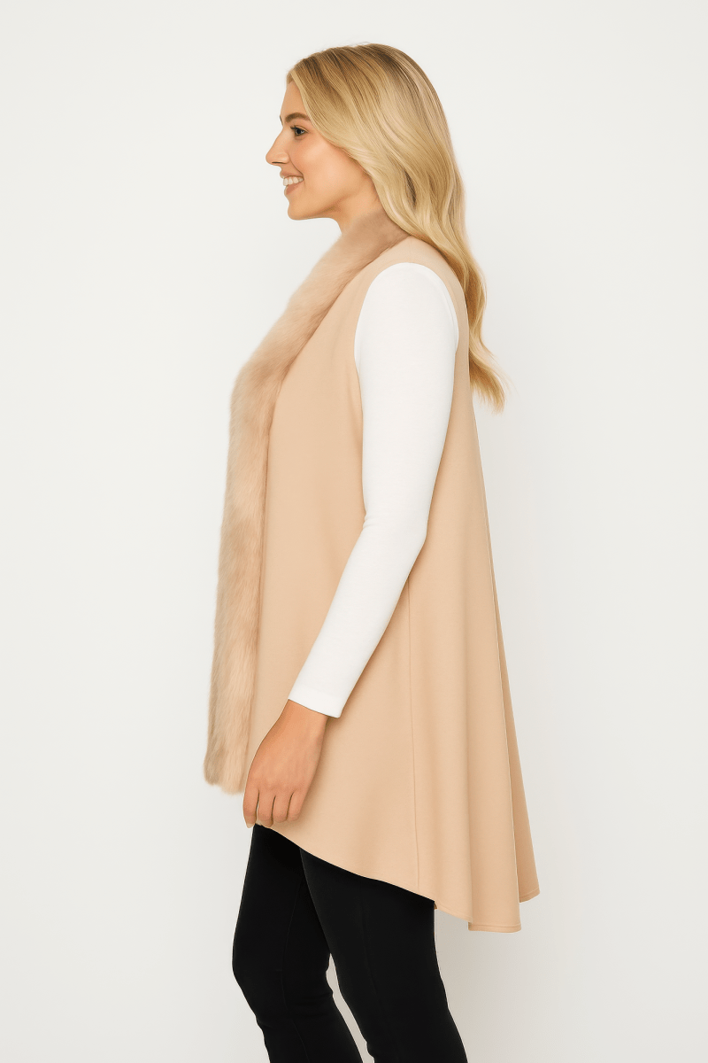 Women’s Faux Fur Collar Draped Vest Sleeveless Layering Piece - AMVIM