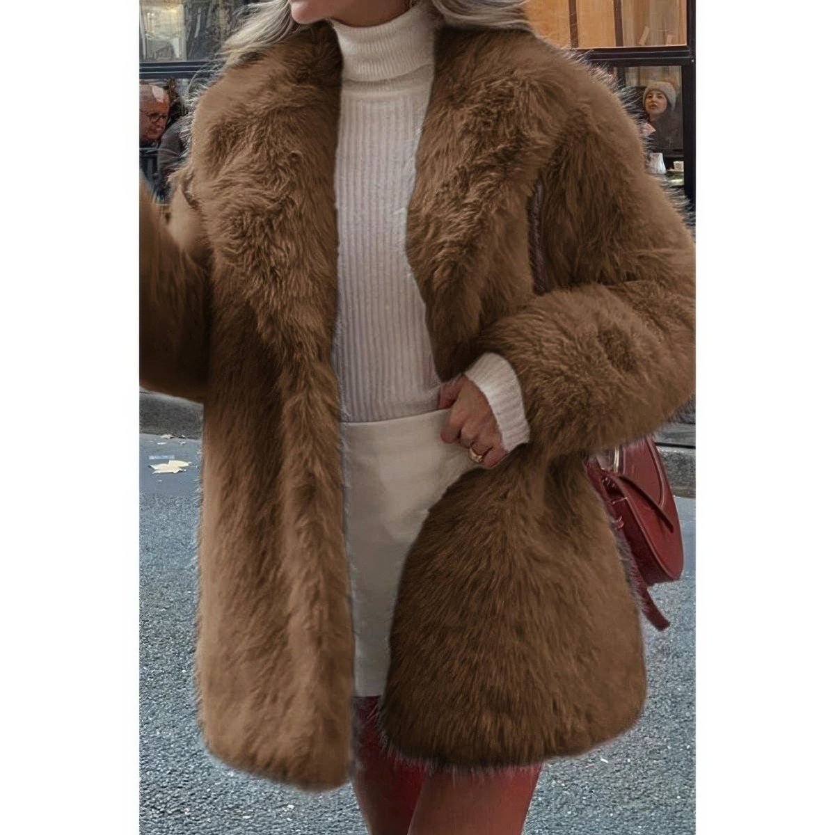Women's Faux Fur Fuzzy Open Front Lapel Winter Coat - AMVIM