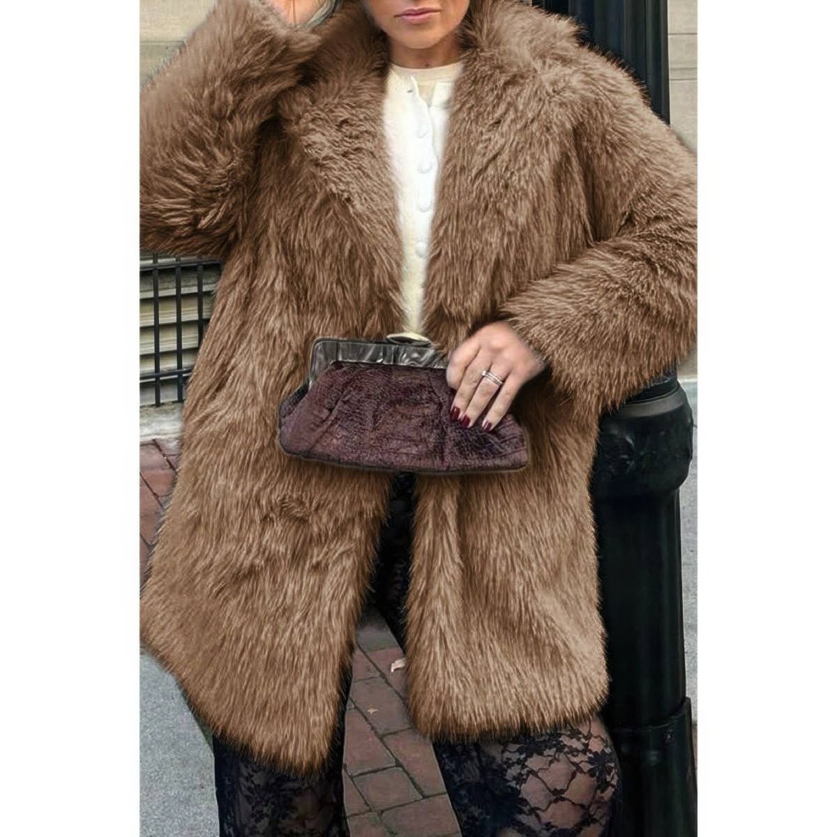 Women's Faux Fur Fuzzy Open Front Lapel Winter Coat - AMVIM