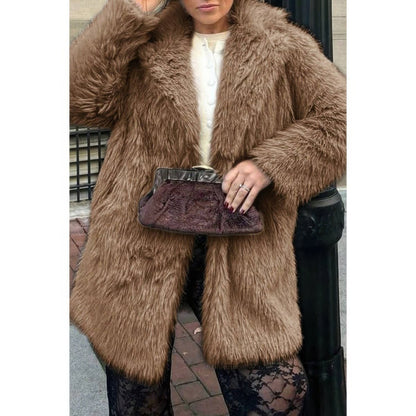 Women's Faux Fur Fuzzy Open Front Lapel Winter Coat - AMVIM