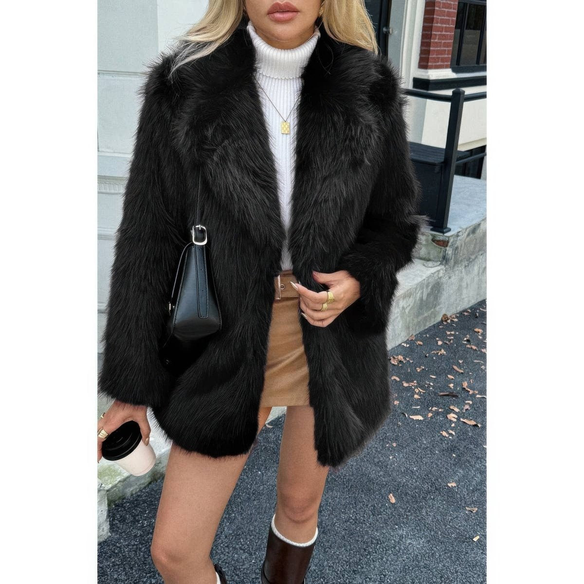 Women's Faux Fur Fuzzy Open Front Lapel Winter Coat - AMVIM