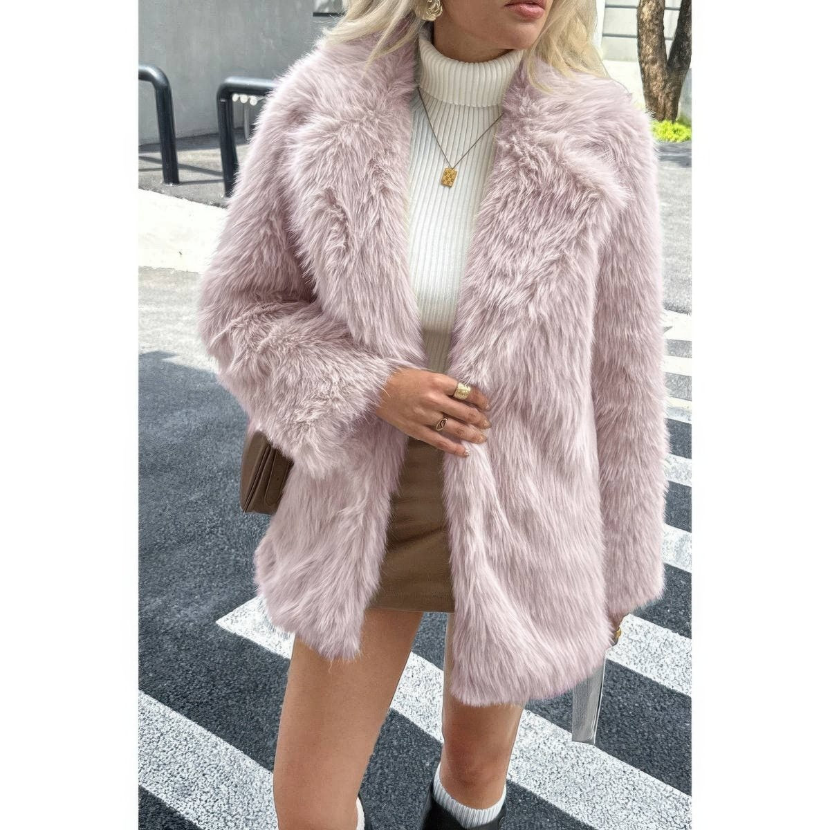 Women's Faux Fur Fuzzy Open Front Lapel Winter Coat - AMVIM