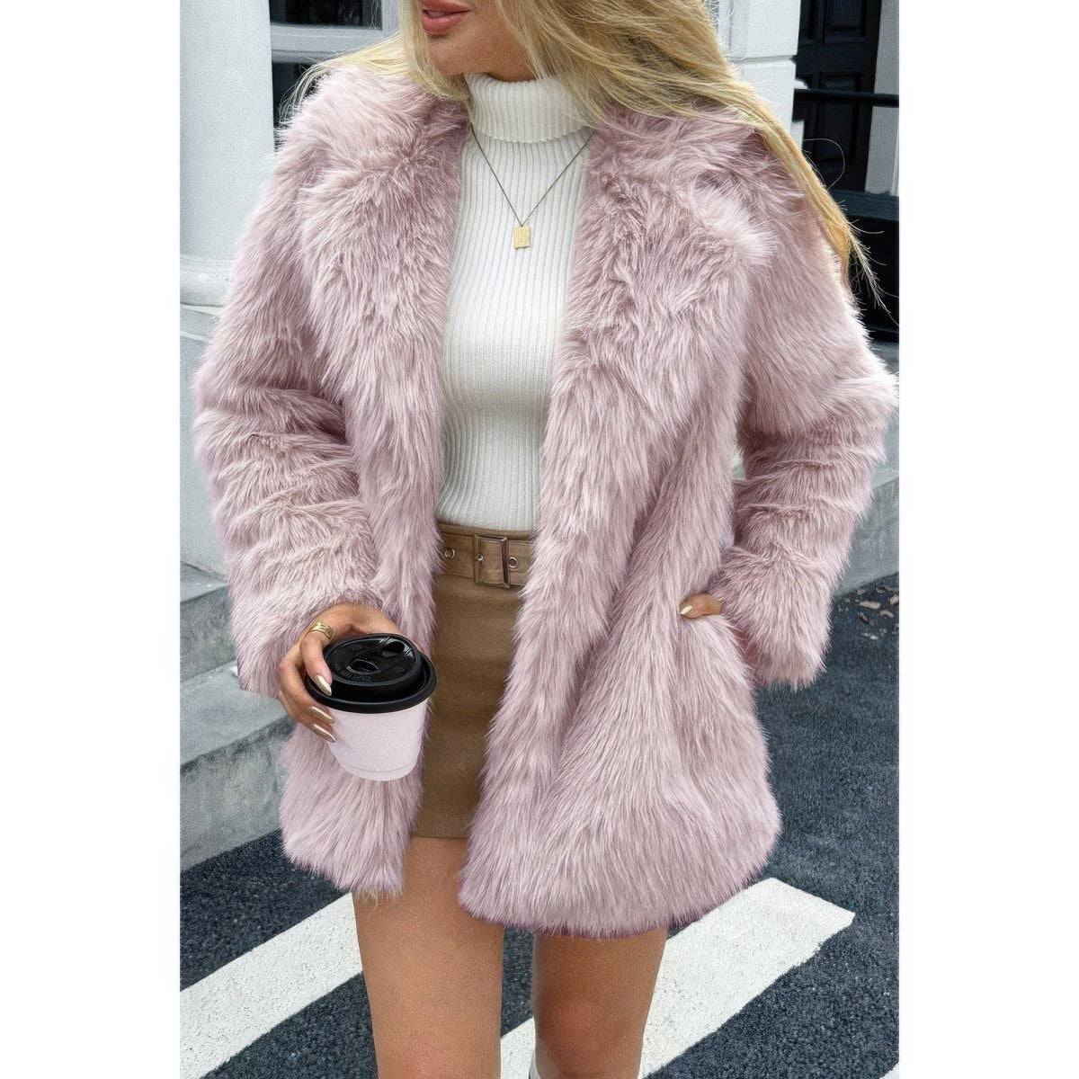 Women's Faux Fur Fuzzy Open Front Lapel Winter Coat - AMVIM