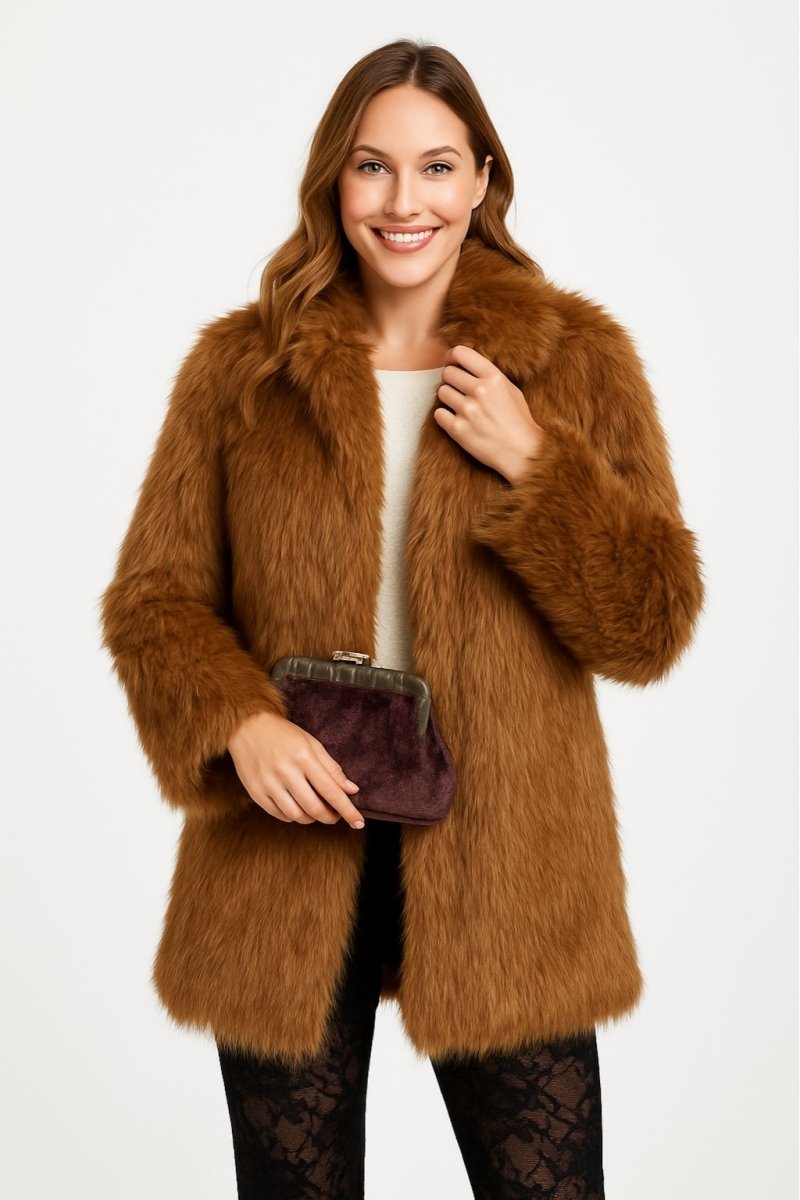 Women's Faux Fur Fuzzy Open Front Lapel Winter Coat - AMVIM