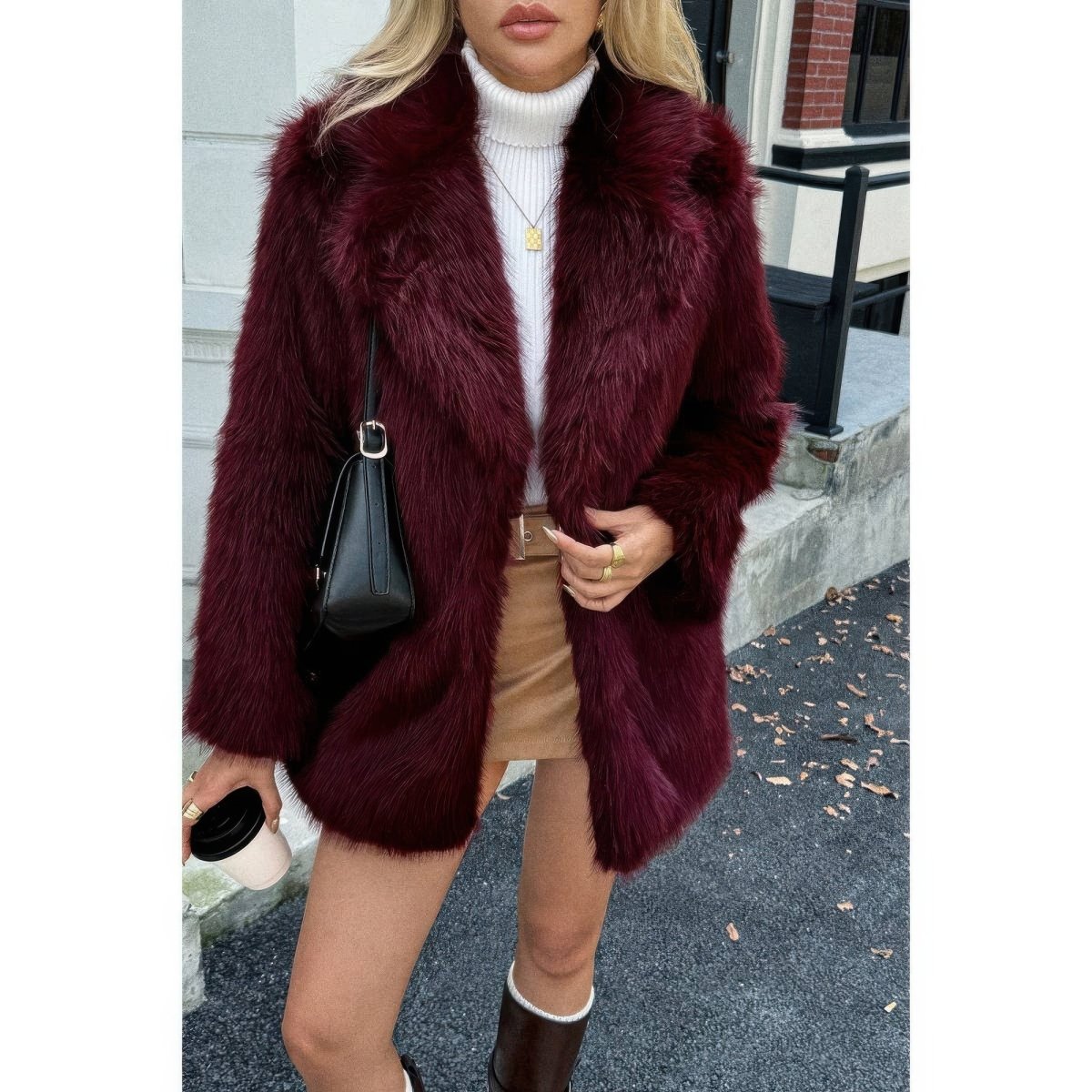 Women's Faux Fur Fuzzy Open Front Lapel Winter Coat - AMVIM