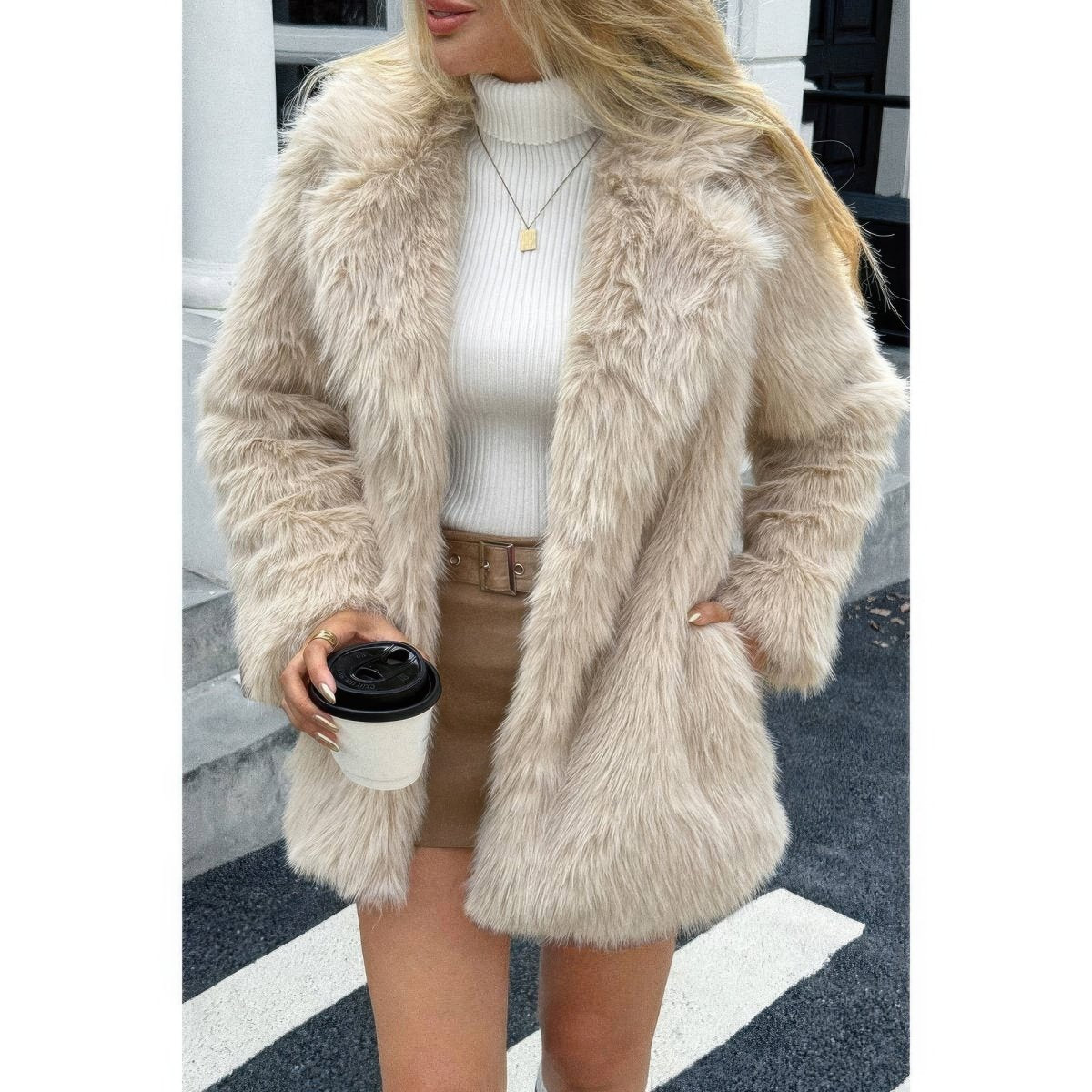 Women's Faux Fur Fuzzy Open Front Lapel Winter Coat - AMVIM