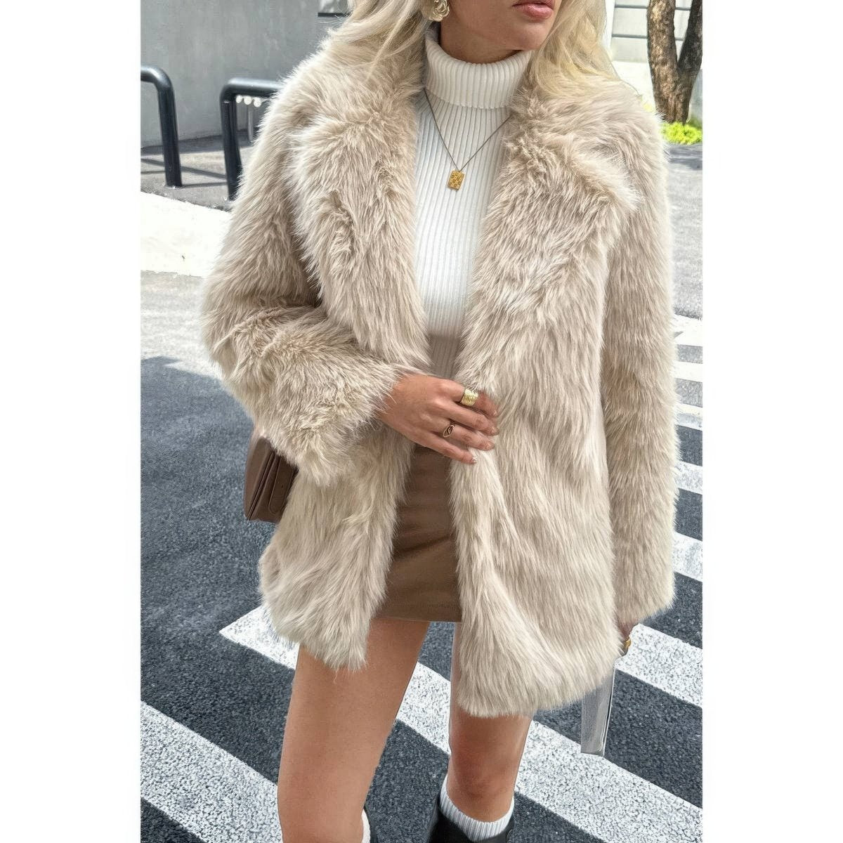 Women's Faux Fur Fuzzy Open Front Lapel Winter Coat - AMVIM
