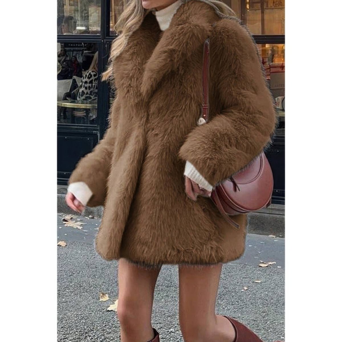 Women's Faux Fur Fuzzy Open Front Lapel Winter Coat - AMVIM