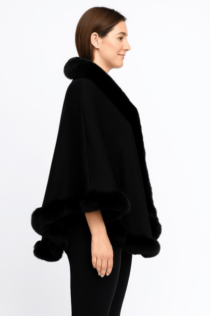 Women's Faux Fur Trim Cape Coat with Hook Closure - AMVIM