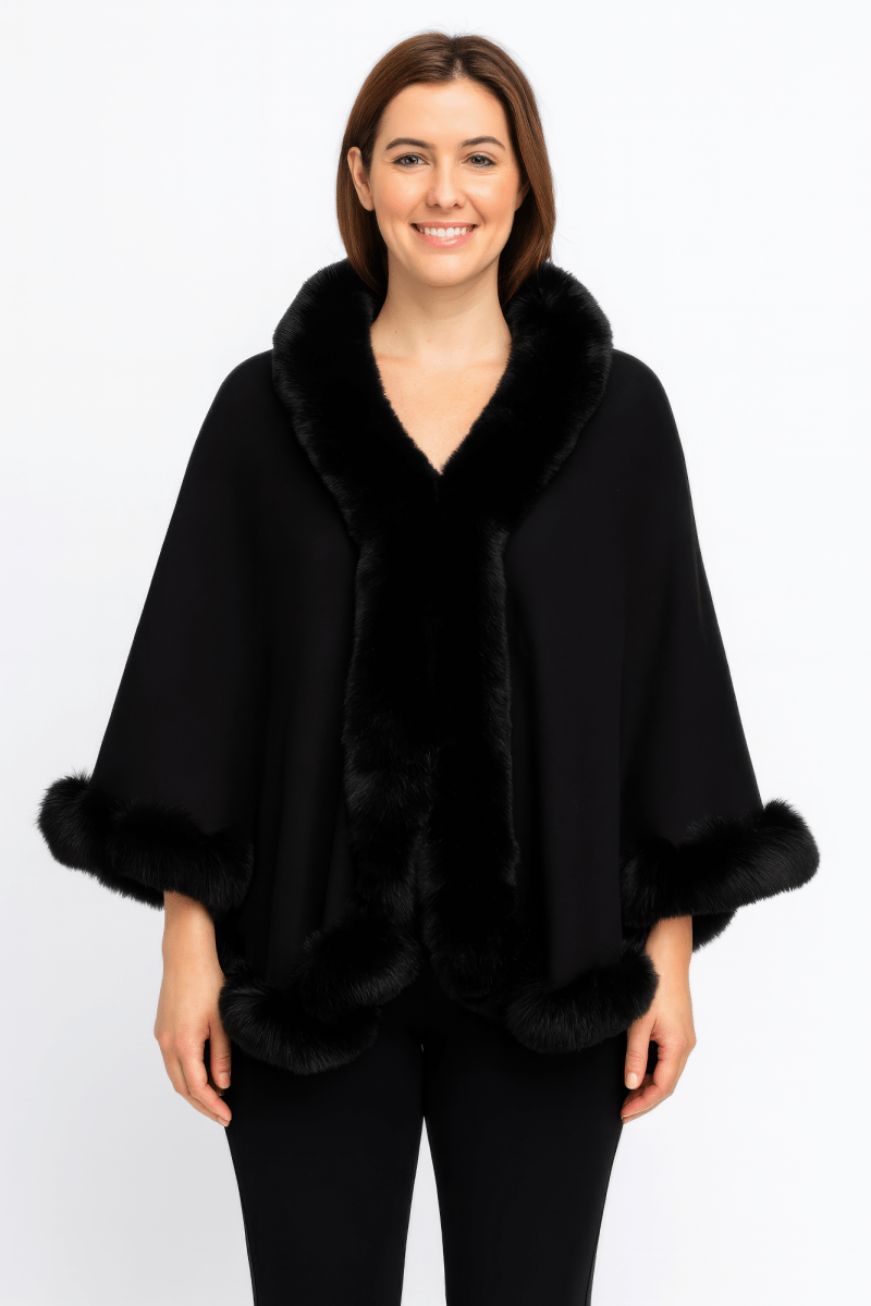 Women's Faux Fur Trim Cape Coat with Hook Closure - AMVIM