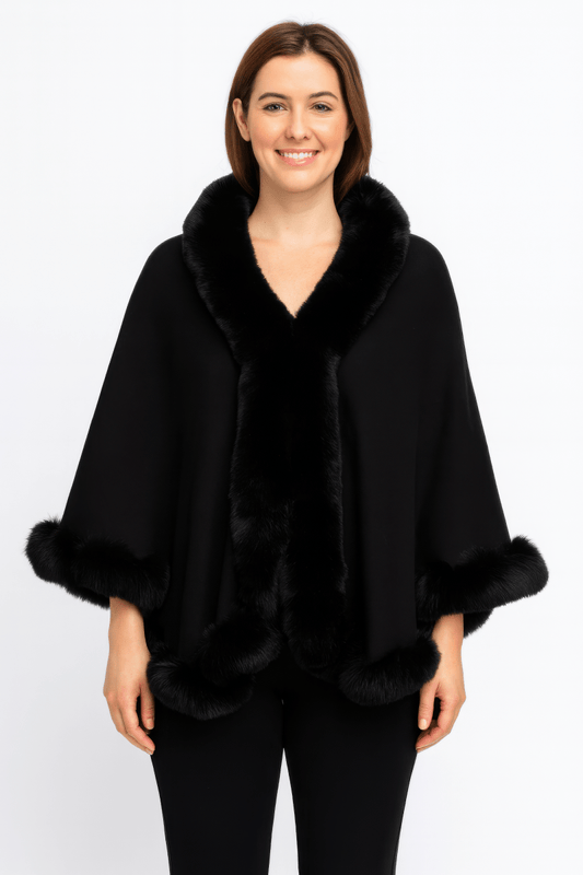 Women's Faux Fur Trim Cape Coat with Hook Closure - AMVIM