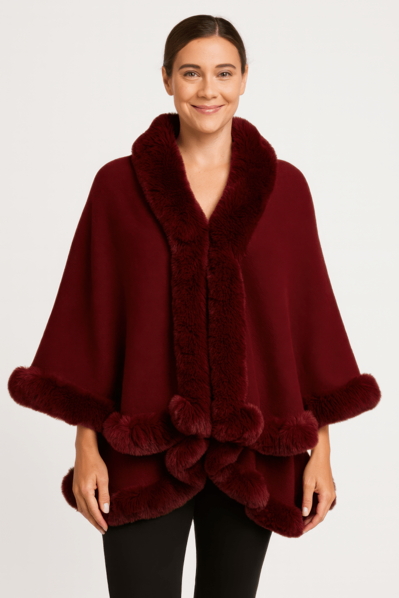 Women's Faux Fur Trim Cape Coat with Hook Closure - AMVIM