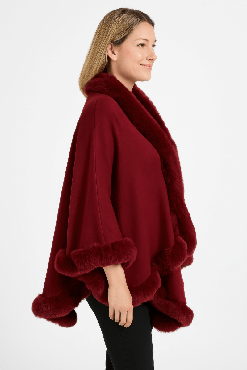 Women's Faux Fur Trim Cape Coat with Hook Closure - AMVIM