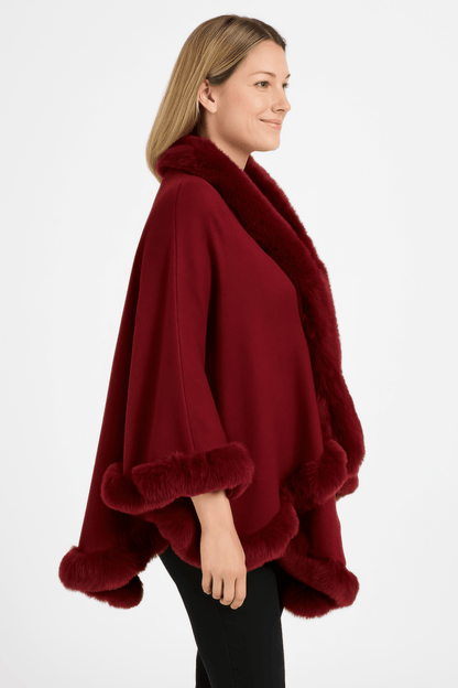 Women's Faux Fur Trim Cape Coat with Hook Closure - AMVIM