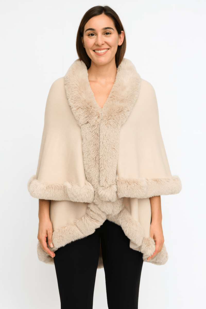 Women's Faux Fur Trim Cape Coat with Hook Closure - AMVIM