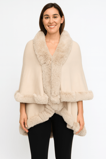 Women's Faux Fur Trim Cape Coat with Hook Closure - AMVIM