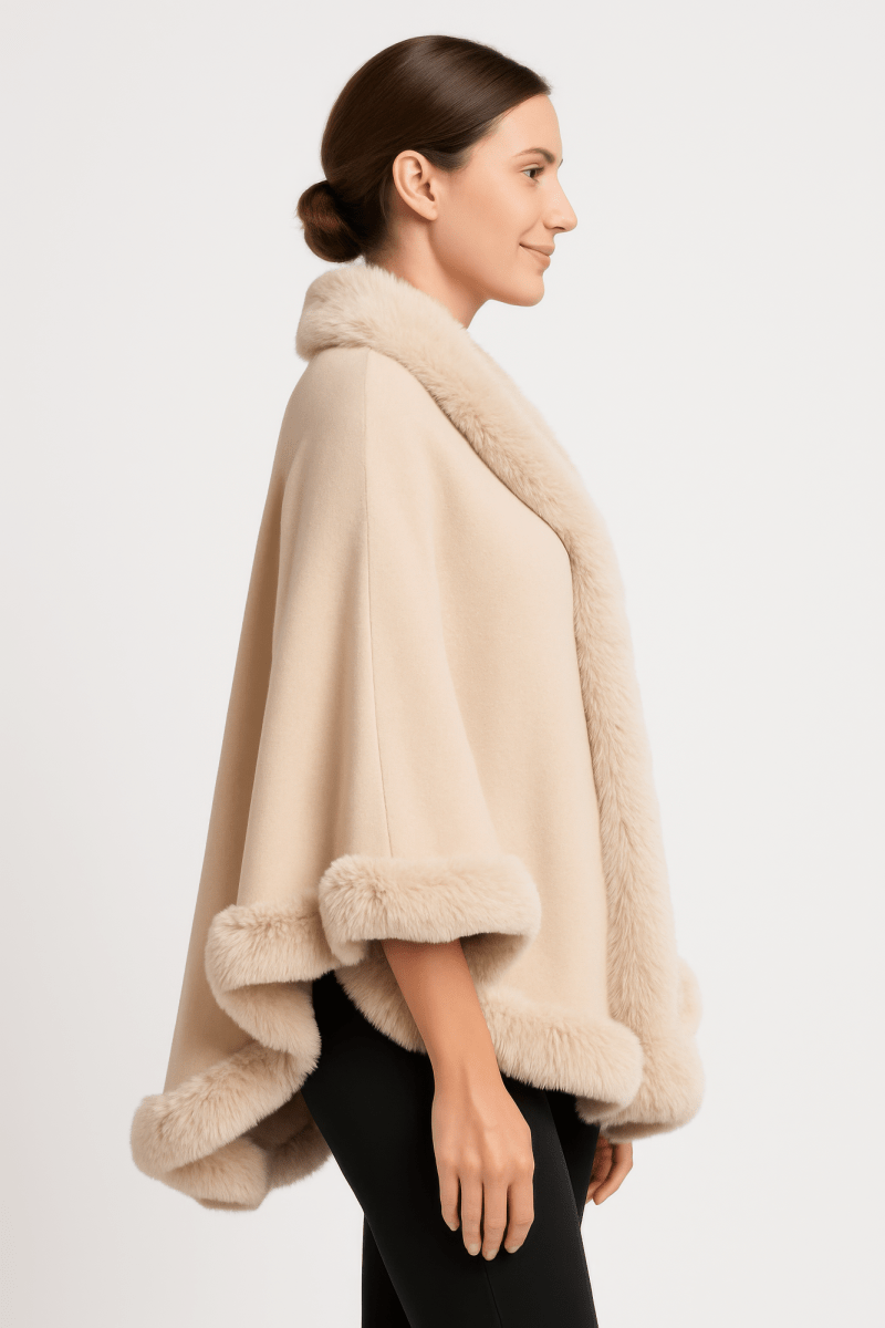 Women's Faux Fur Trim Cape Coat with Hook Closure - AMVIM
