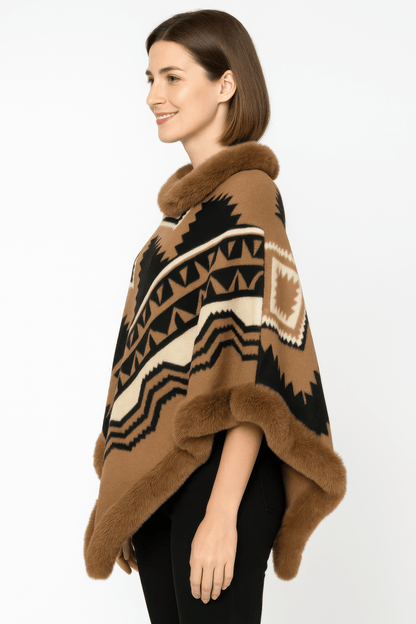 Women's Faux Fur Trim Hooded Tribal Poncho Cape Wrap - AMVIM