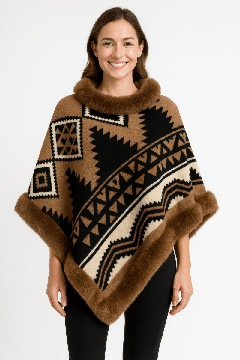 Women's Faux Fur Trim Hooded Tribal Poncho Cape Wrap - AMVIM