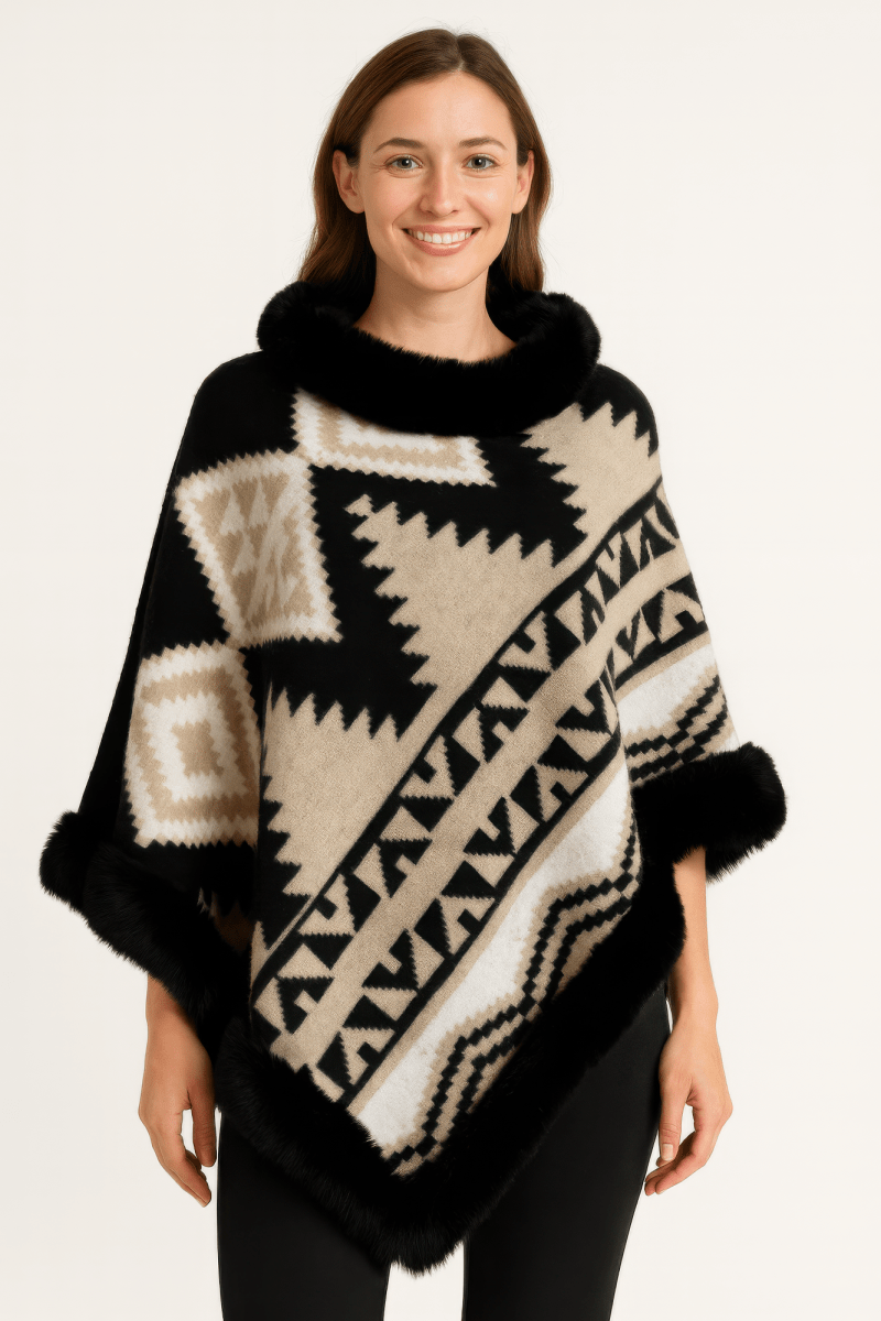 Women's Faux Fur Trim Hooded Tribal Poncho Cape Wrap - AMVIM