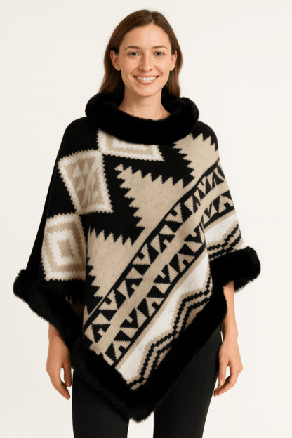 Women's Faux Fur Trim Hooded Tribal Poncho Cape Wrap - AMVIM
