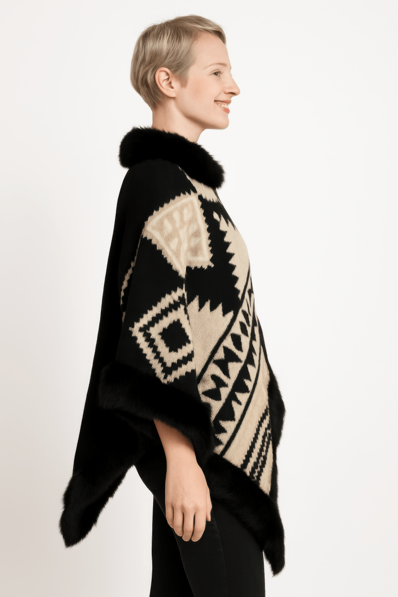 Women's Faux Fur Trim Hooded Tribal Poncho Cape Wrap - AMVIM