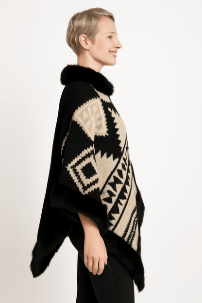 Women's Faux Fur Trim Hooded Tribal Poncho Cape Wrap - AMVIM