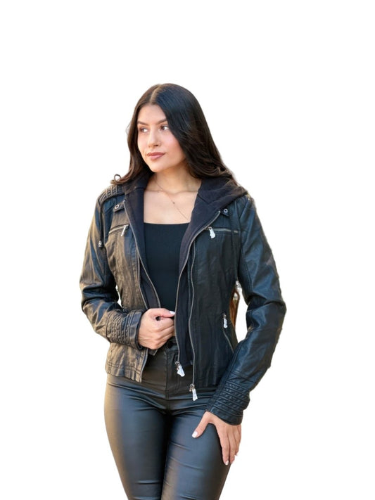 Women's Faux Leather Zip Hooded Jacket – Urban Style - AMVIM