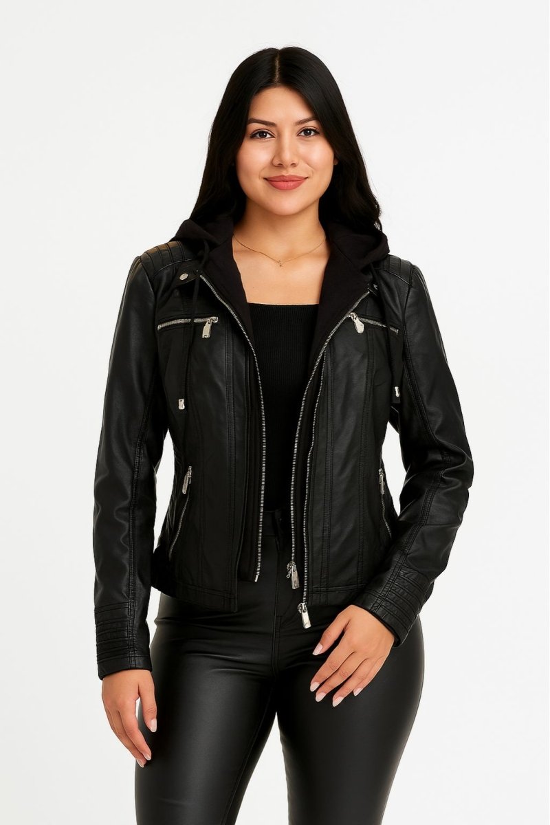 Women's Faux Leather Zip Hooded Jacket – Urban Style - AMVIM