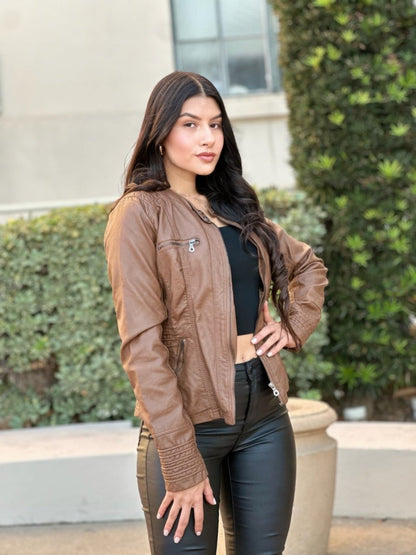 Women's Faux Leather Zip Hooded Jacket – Urban Style - AMVIM