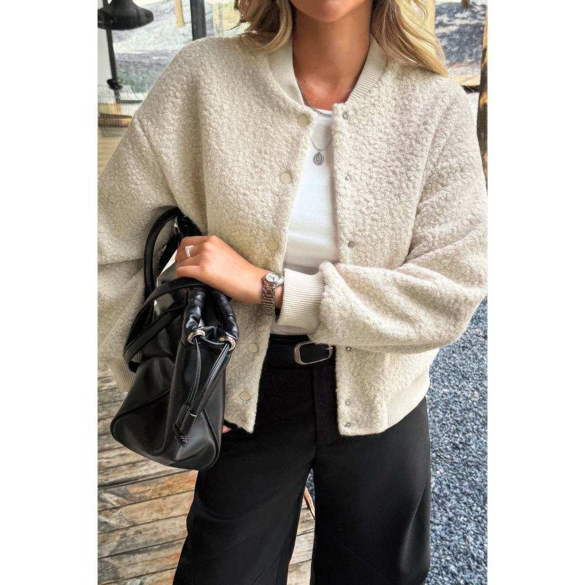 Women's Faux Sherpa Fuzzy Teddy Bomber Jacket Warm - AMVIM