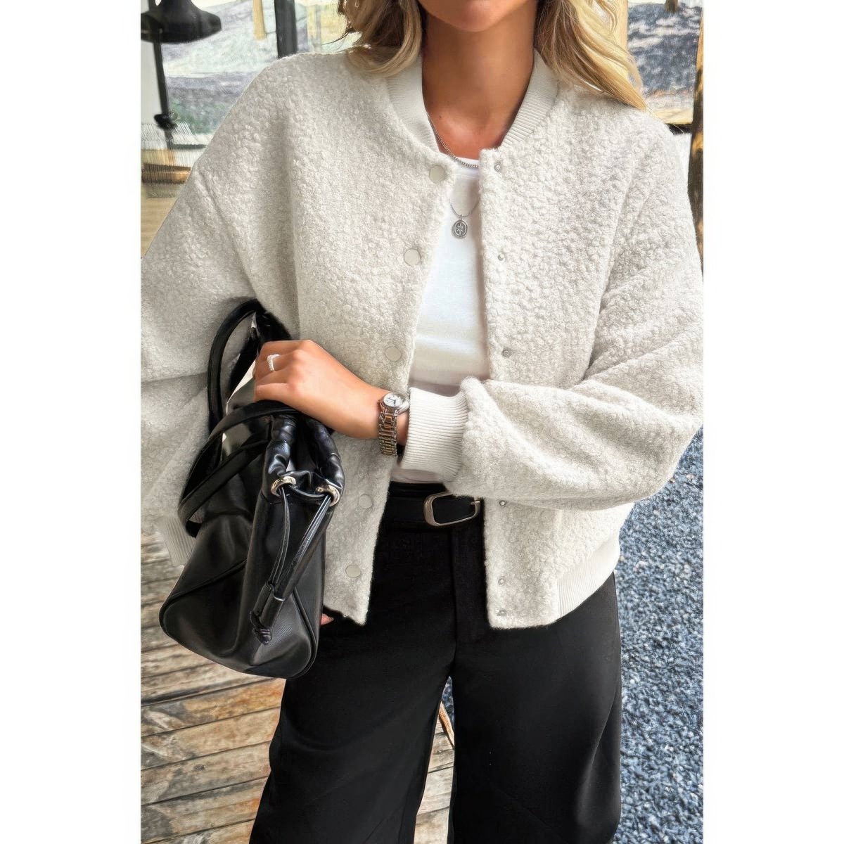 Women's Faux Sherpa Fuzzy Teddy Bomber Jacket Warm - AMVIM