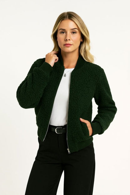 Women's Faux Sherpa Fuzzy Teddy Bomber Jacket Warm - AMVIM