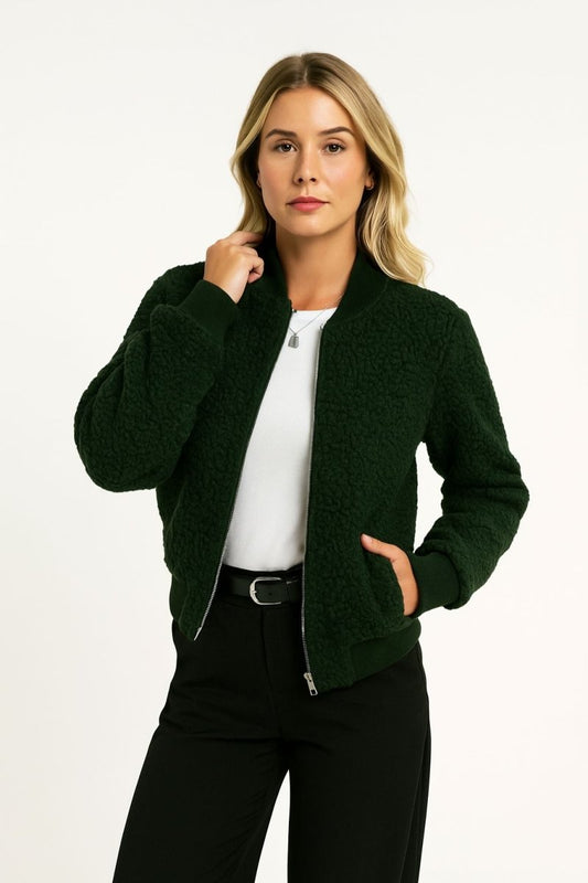 Women's Faux Sherpa Fuzzy Teddy Bomber Jacket Warm - AMVIM