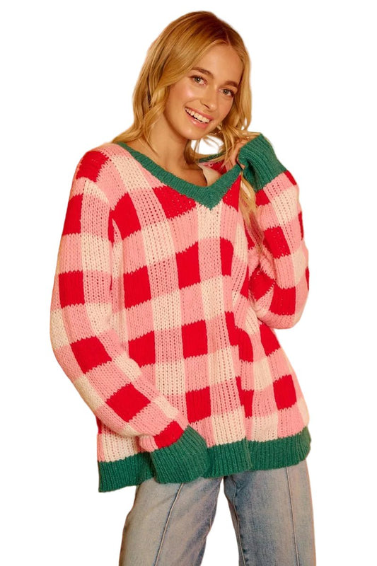 Women's Festive Checker Knit Holiday Sweater - AMVIM