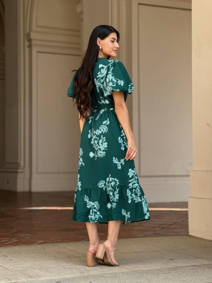 Women's Floral Belted Cap Sleeve Midi Dress Flare Fit - AMVIM