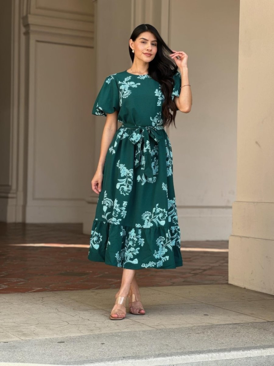 Women's Floral Belted Cap Sleeve Midi Dress Flare Fit - AMVIM