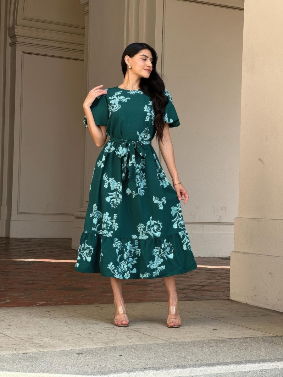 Women's Floral Belted Cap Sleeve Midi Dress Flare Fit - AMVIM